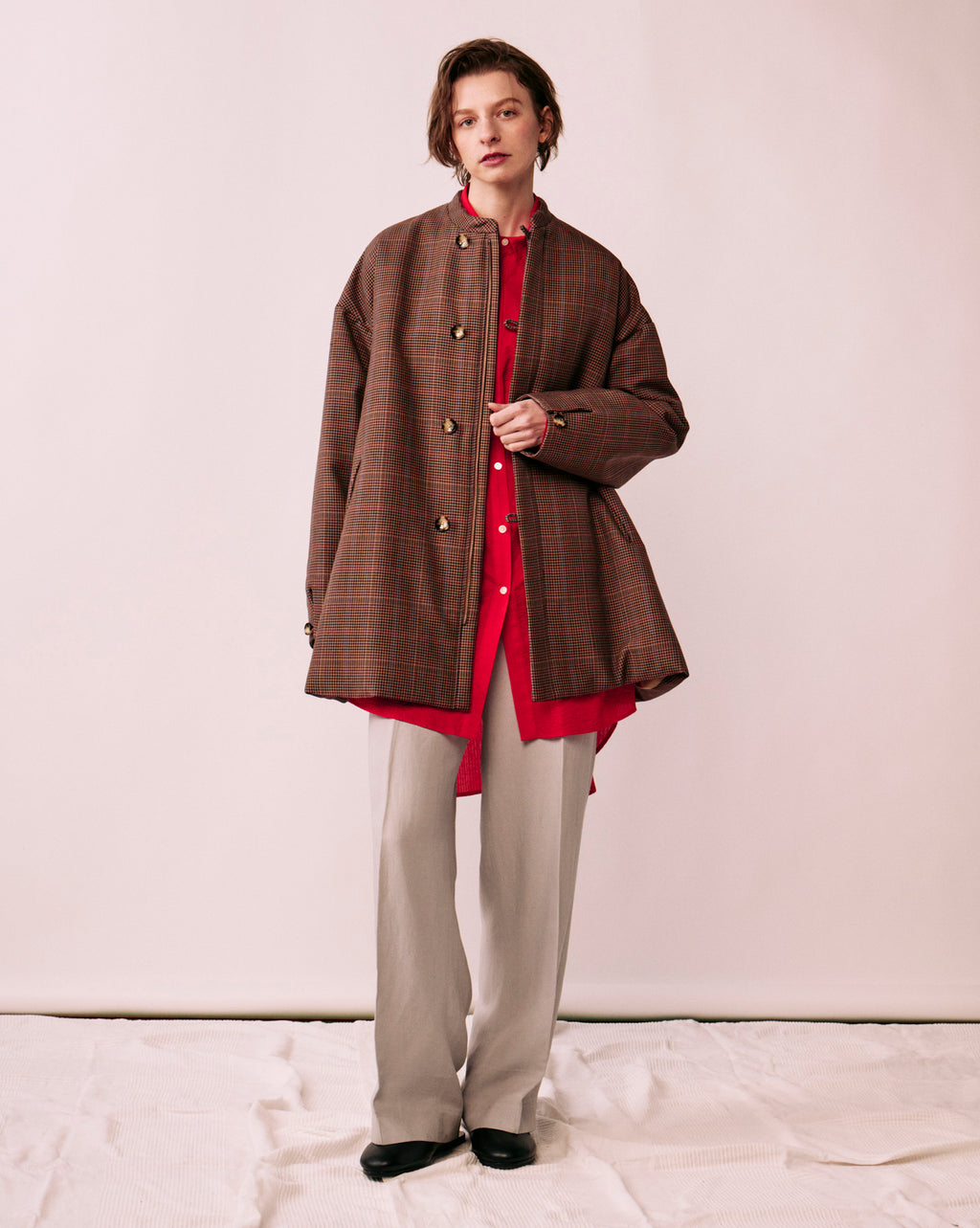 Glen check padded A-line jacket
