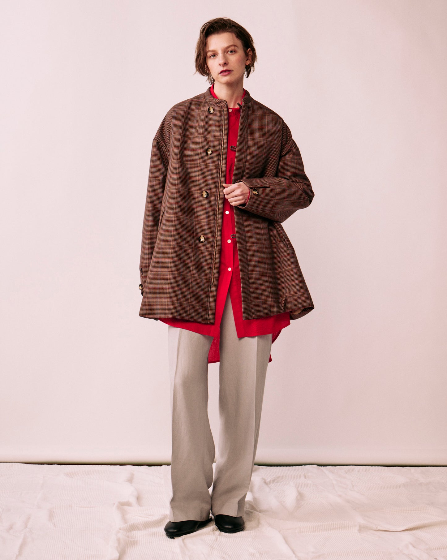 Glen check padded A-line jacket