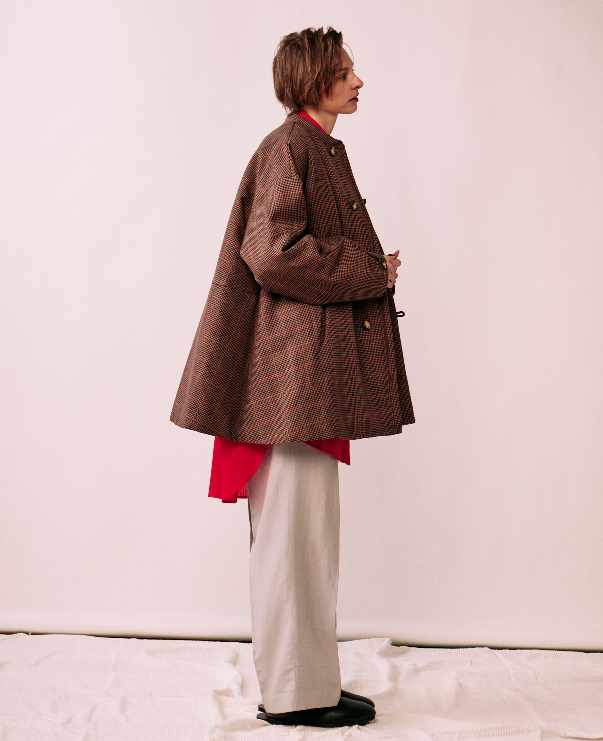 Glen check padded A-line jacket