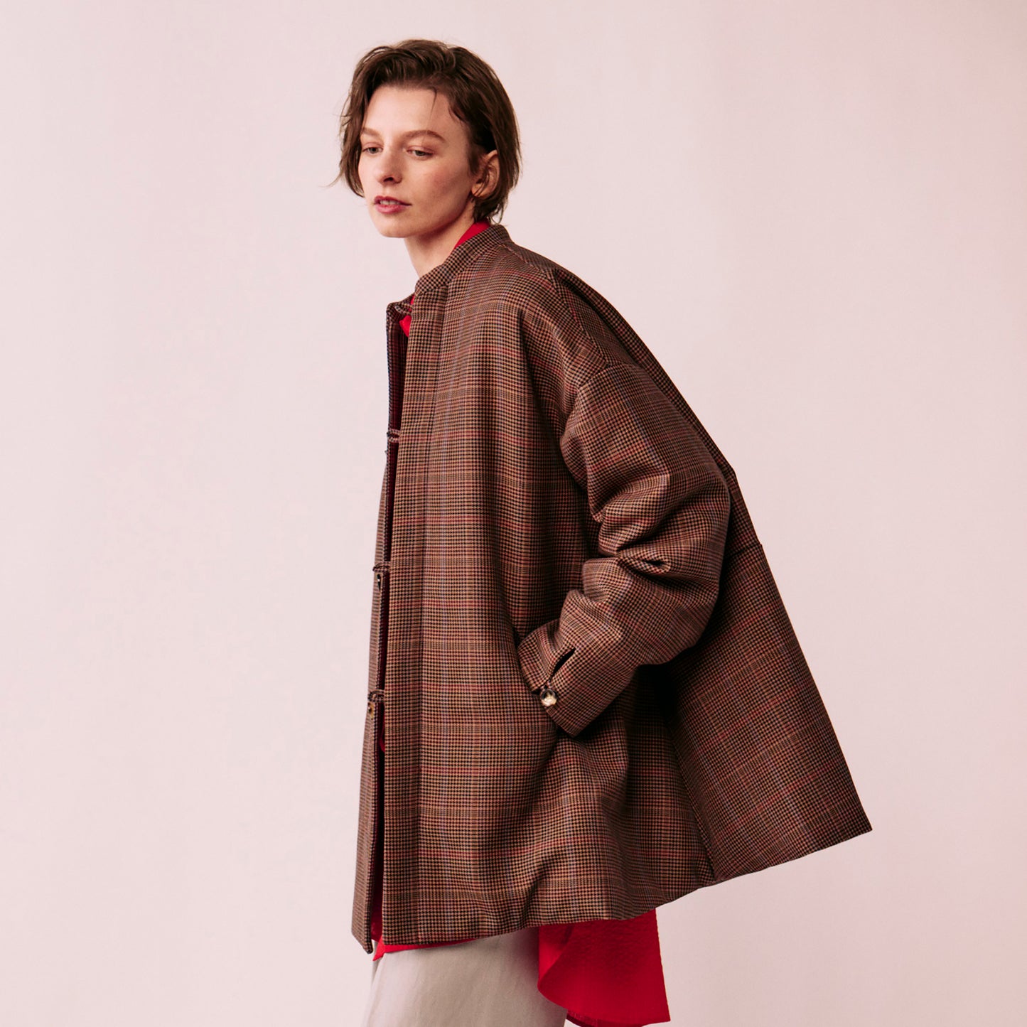 Glen check padded A-line jacket