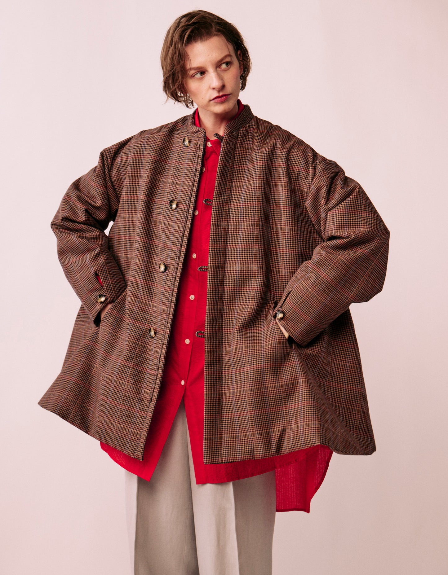 Glen check padded A-line jacket