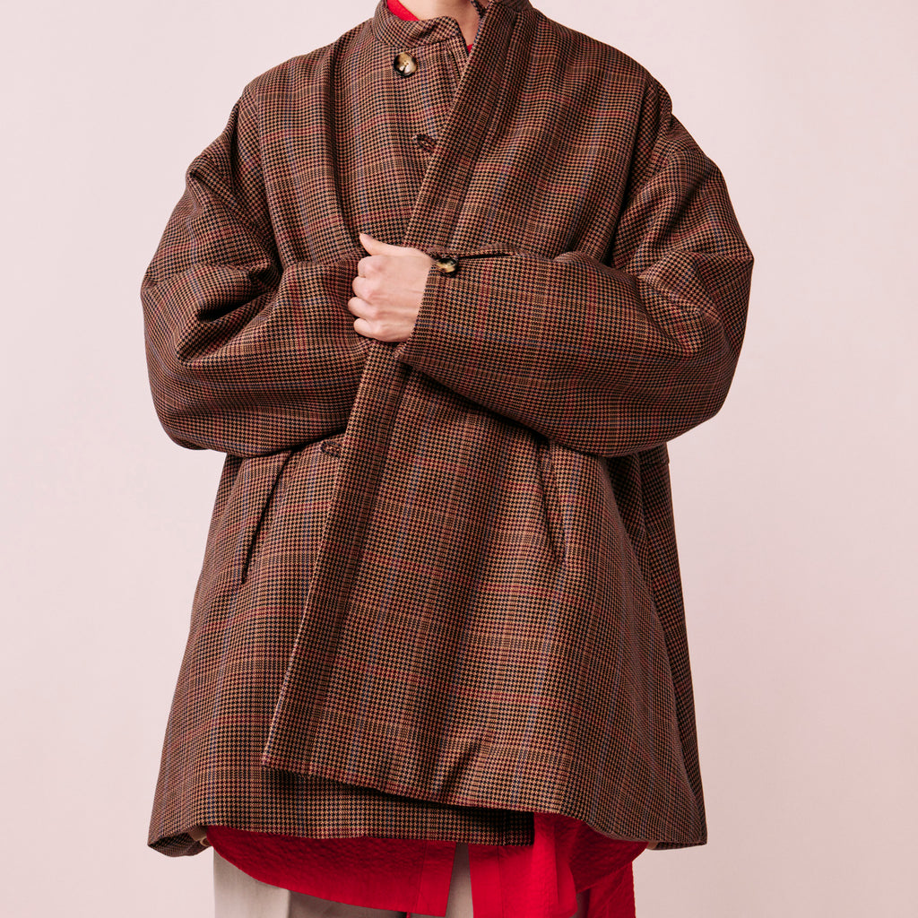 Glen check padded A-line jacket