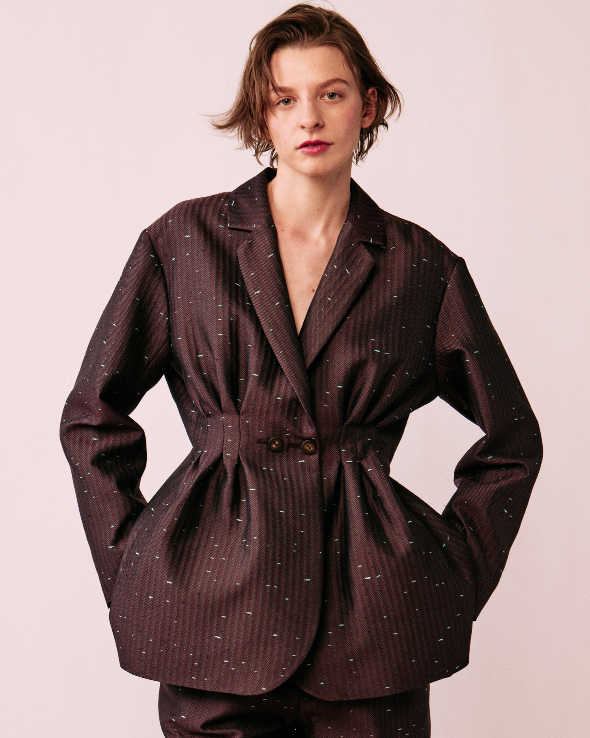 Nishijin silk jacquard double tailored jacket LOOMÉ brown burgundy women