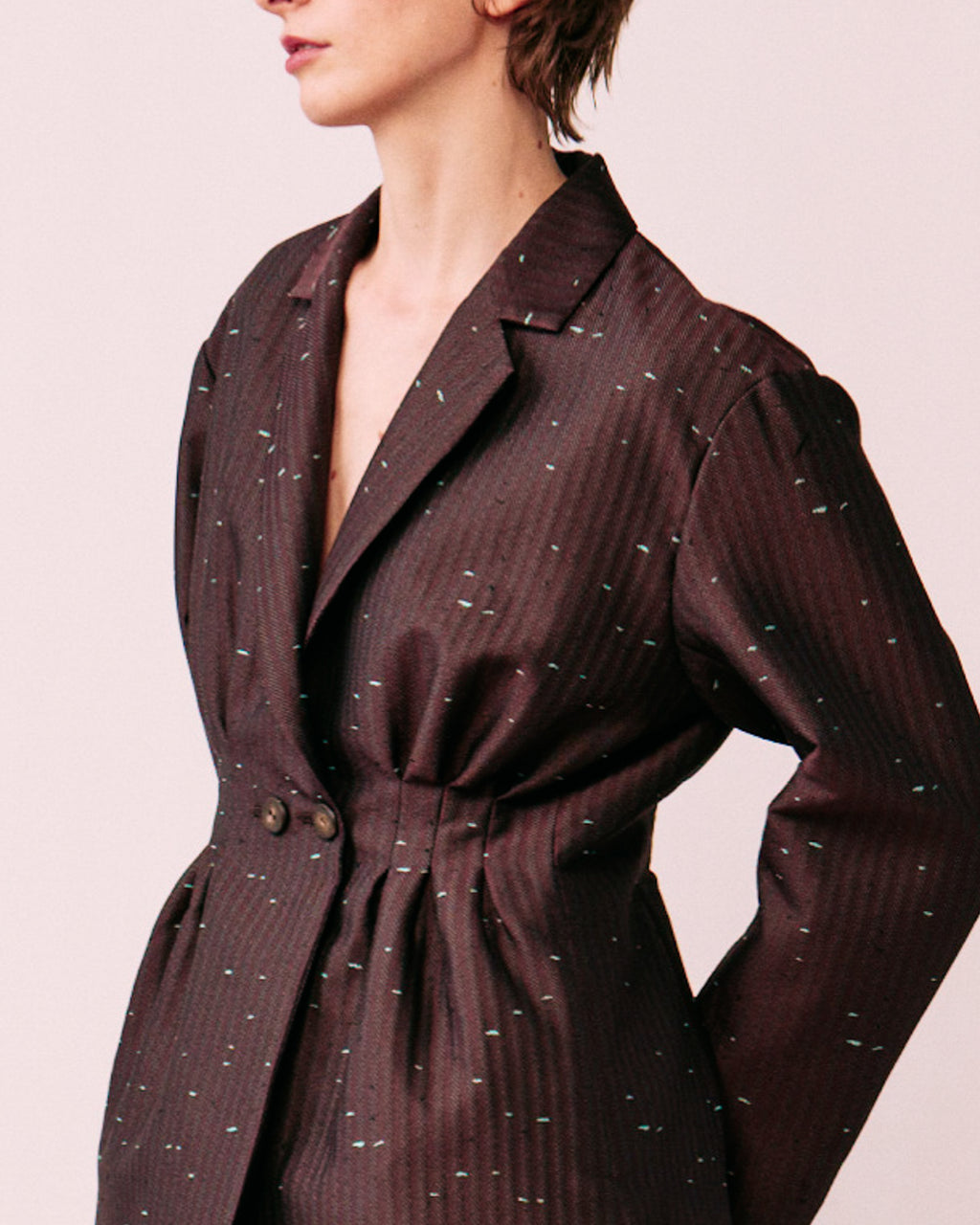 Nishijin silk blend jacquard fabric detail brown burgundy mint dots