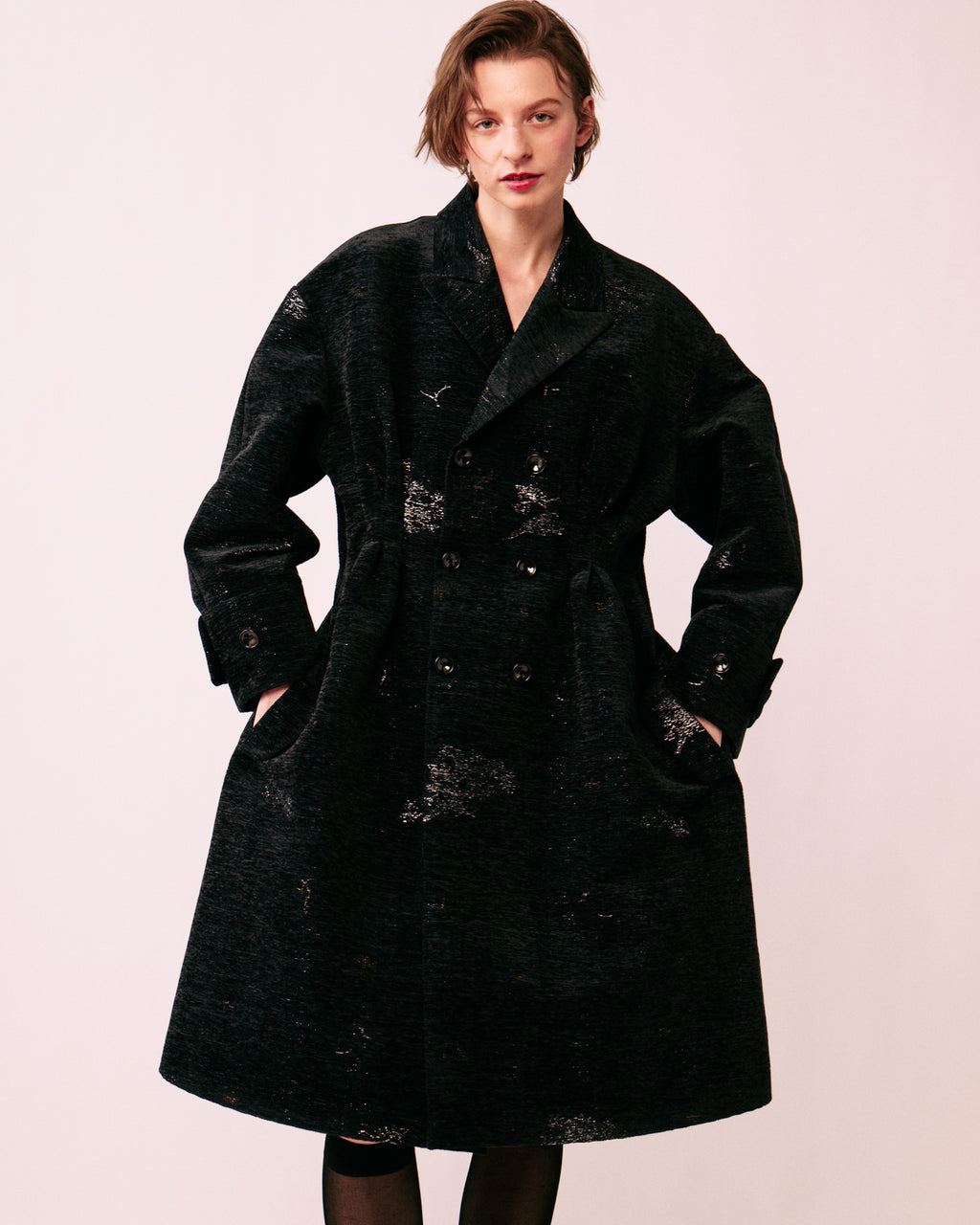 Nishijin tuck coat ORNÉE double breasted front silhouette women