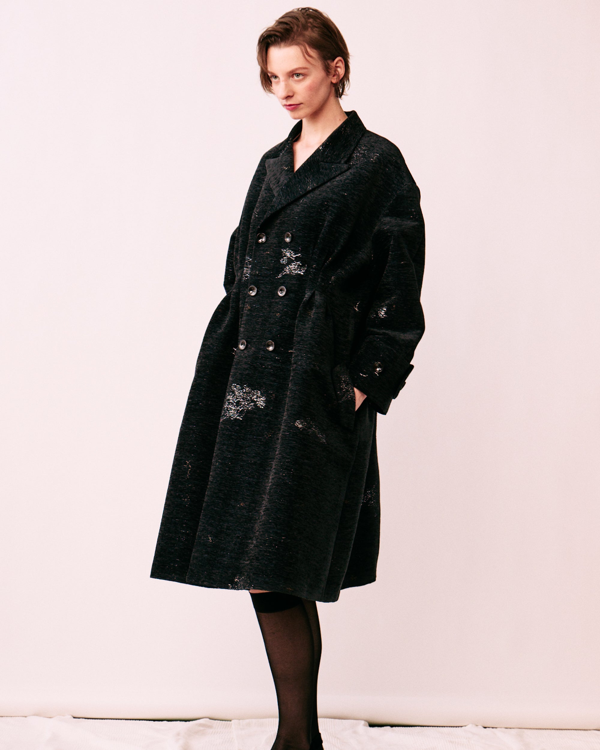 tuck coat side silhouette fit flare drape ORNÉE Nishijin