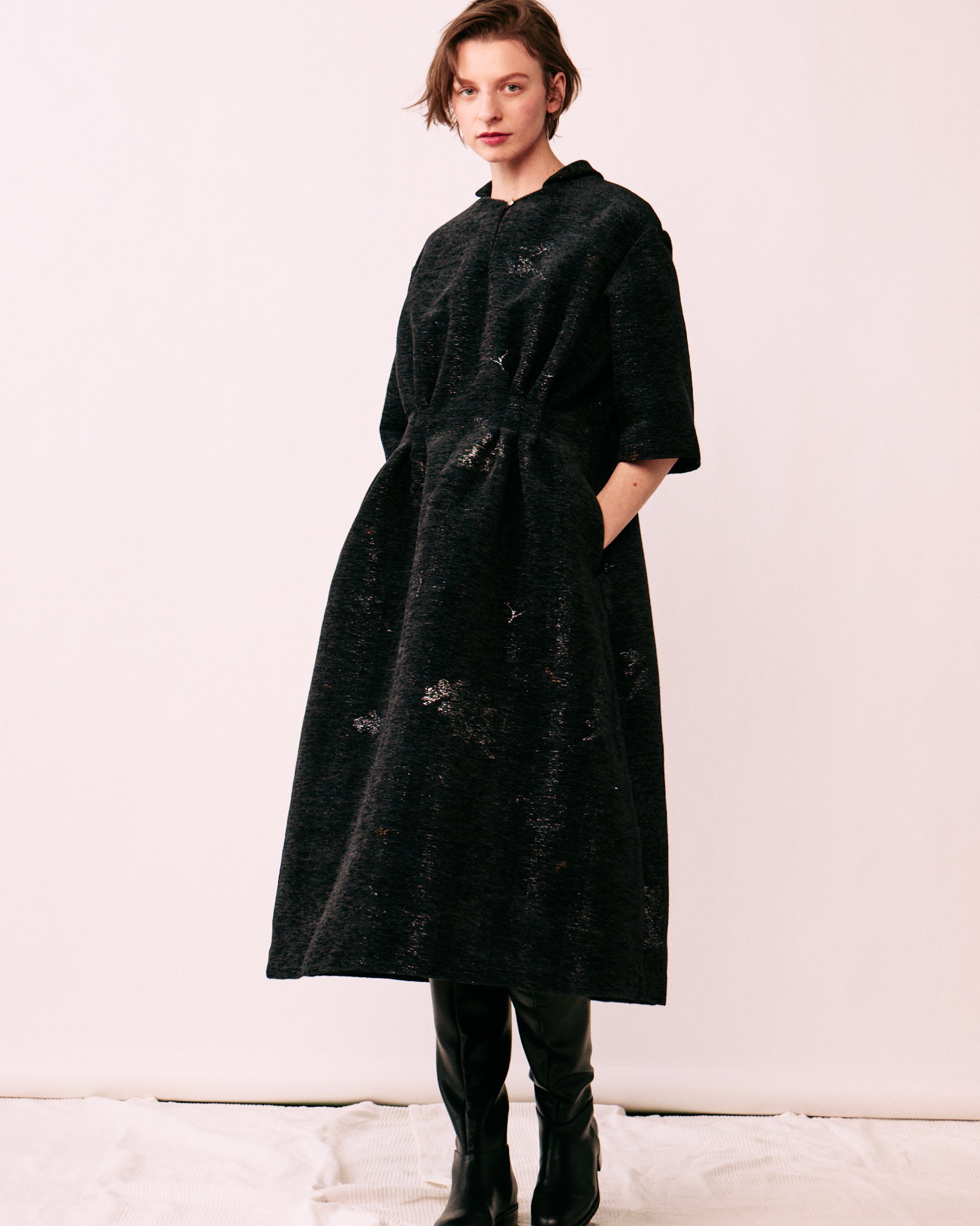 Nishijin tuck dress ORNÉE front silhouette fit flare women