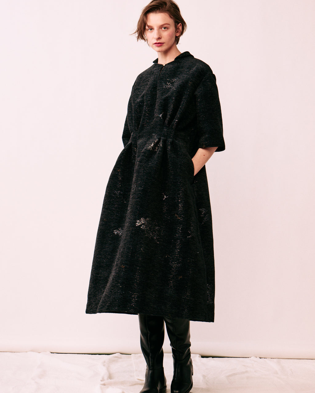 Nishijin tuck dress ORNÉE front silhouette fit flare women